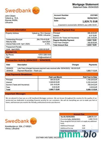 Litwa AB Swedbank wyciąg z kredytu hipotecznego szablon Word i PDF